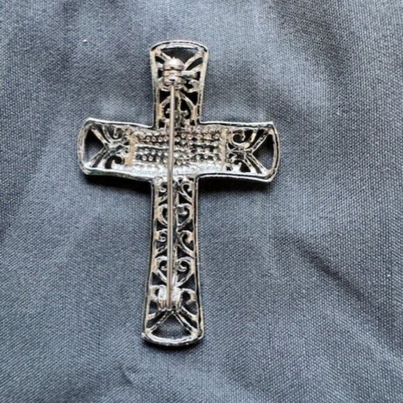 Bejeweled Patriotic Religious Cross Brooch w Colored Rhinestones - Picture 2 of 2